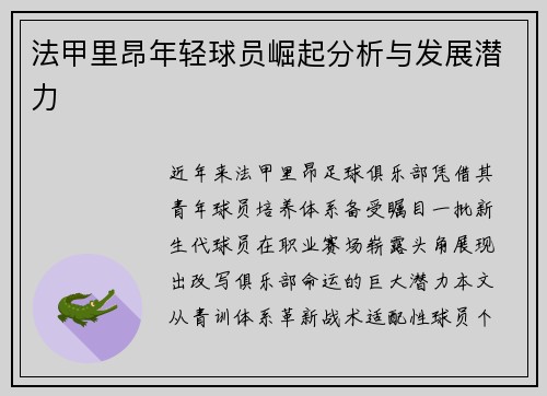 法甲里昂年轻球员崛起分析与发展潜力
